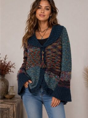 Boho Patchwork Knit Cardigan Jacket Women’s Small Multicolor Artsy Sweater